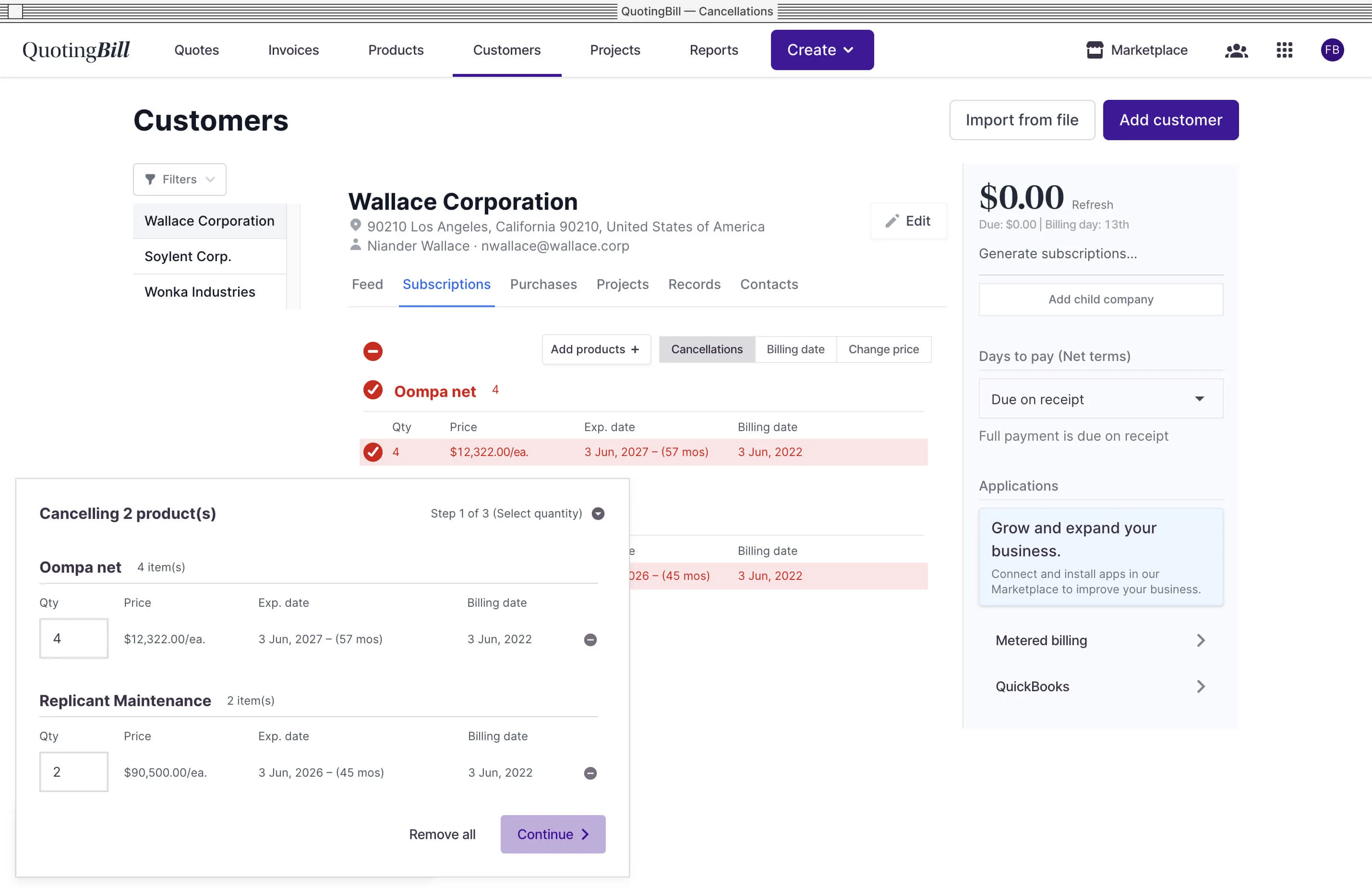 Customers page showing different products selected for cancellation